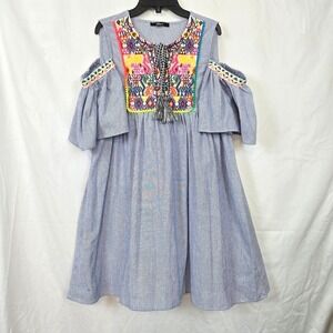 Kate C Women Blue White Stripe Folk Embroidery Cold Shoulder Cottage Dress Large